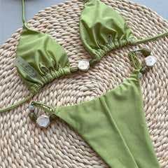 Solid Green Swimwears Sexy Halter