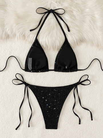 Shiny Sparkling Halter Strappy Bikini