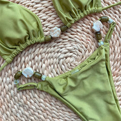 Solid Green Swimwears Sexy Halter