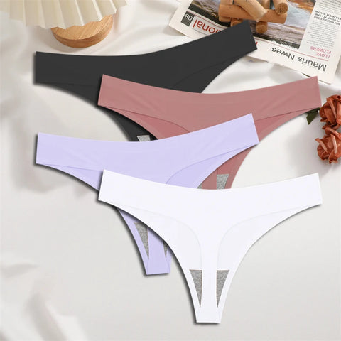 FINETOO 4PCS Silk Satin Seamless Thongs Sexy