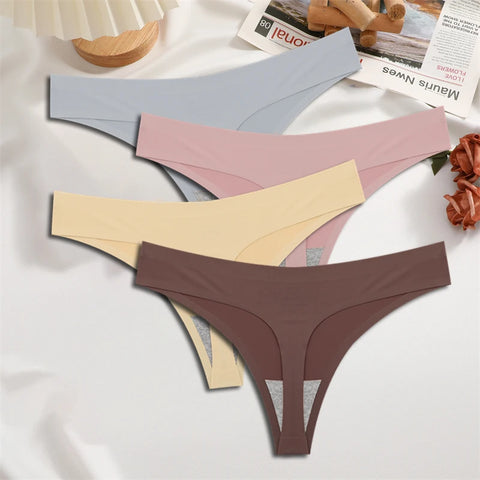 FINETOO 4PCS Silk Satin Seamless Thongs Sexy
