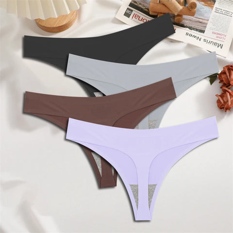 FINETOO 4PCS Silk Satin Seamless Thongs Sexy
