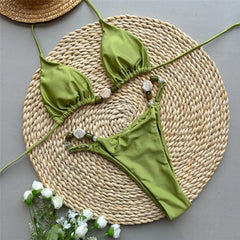 Solid Green Swimwears Sexy Halter