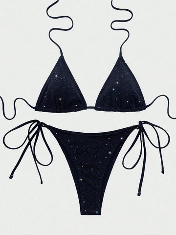 Shiny Sparkling Halter Strappy Bikini