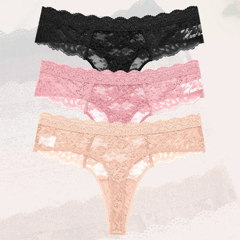 3Pcs Lace Sexy Thongs Women Trendy Floral Panty Lingerie