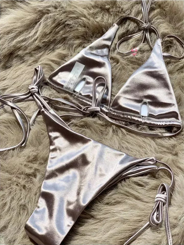 Halter Brazilian Metallic Satin Bikini Women