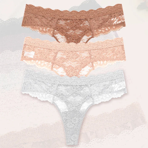 3Pcs Lace Sexy Thongs Women Trendy Floral Panty Lingerie