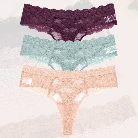 3Pcs Lace Sexy Thongs Women Trendy Floral Panty Lingerie
