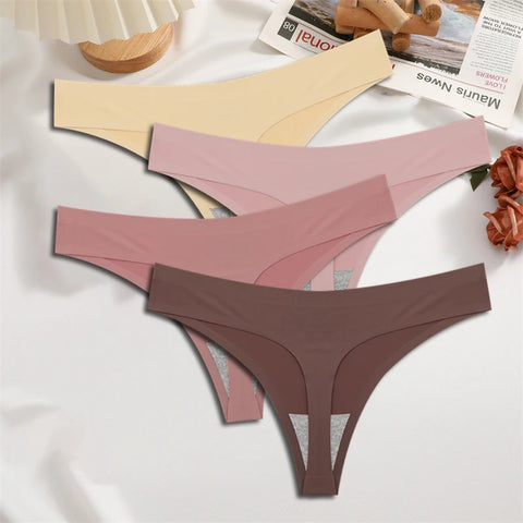 FINETOO 4PCS Silk Satin Seamless Thongs Sexy