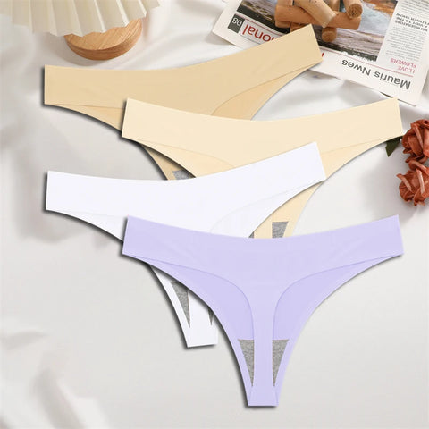 FINETOO 4PCS Silk Satin Seamless Thongs Sexy