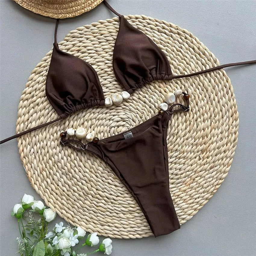 Solid Green Swimwears Sexy Halter