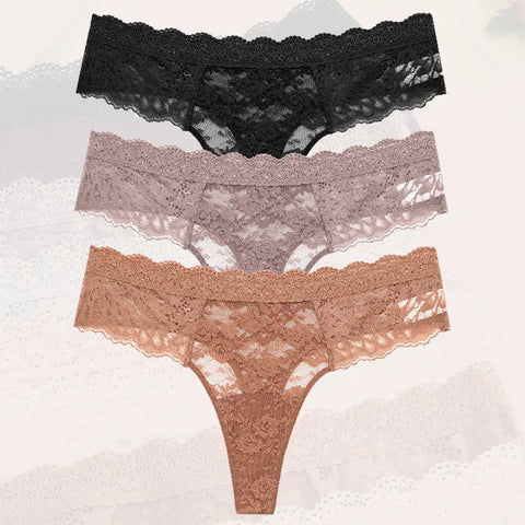 3Pcs Lace Sexy Thongs Women Trendy Floral Panty Lingerie