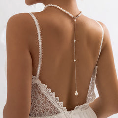 Vintage Elegant Simulated Pearls Clavicle Choker Necklace Women Long Chain Tassel Pendant Wedding Jewelry Bikini Chest Chain