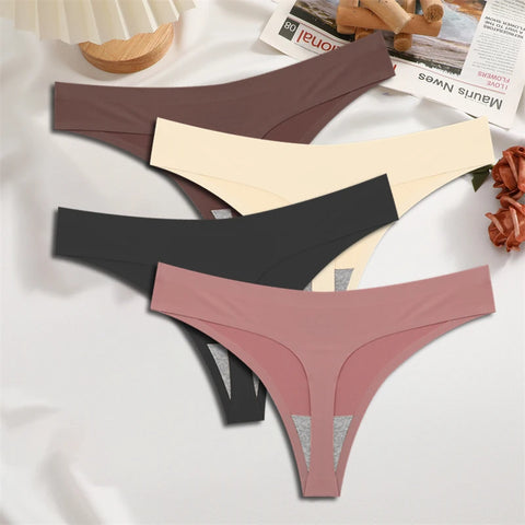 FINETOO 4PCS Silk Satin Seamless Thongs Sexy