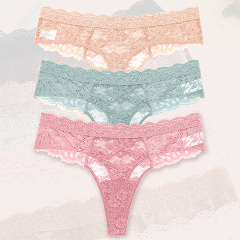 3Pcs Lace Sexy Thongs Women Trendy Floral Panty Lingerie