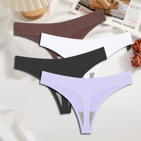 FINETOO 4PCS Silk Satin Seamless Thongs Sexy