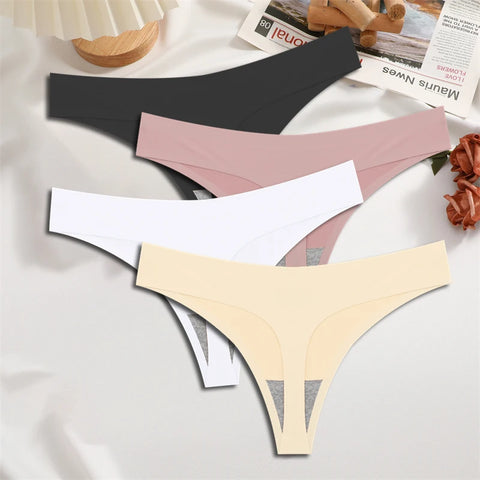 FINETOO 4PCS Silk Satin Seamless Thongs Sexy