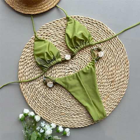 Solid Green Swimwears Sexy Halter