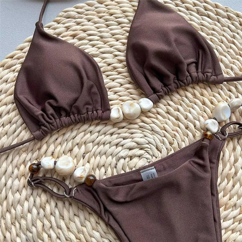 Solid Green Swimwears Sexy Halter