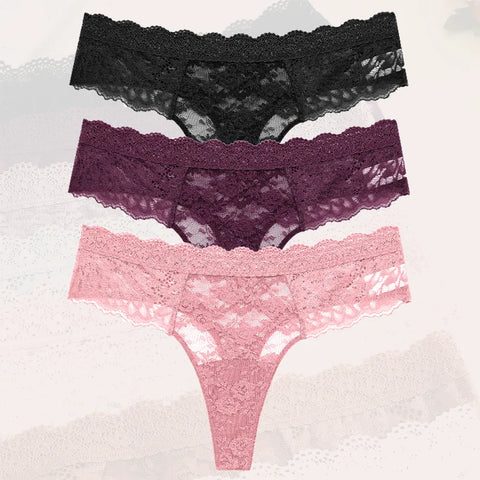 3Pcs Lace Sexy Thongs Women Trendy Floral Panty Lingerie