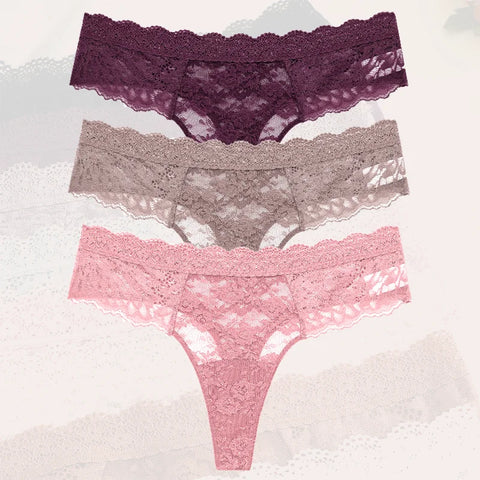 3Pcs Lace Sexy Thongs Women Trendy Floral Panty Lingerie