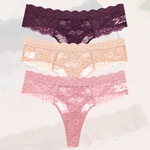3Pcs Lace Sexy Thongs Women Trendy Floral Panty Lingerie