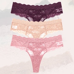3Pcs Lace Sexy Thongs Women Trendy Floral Panty Lingerie