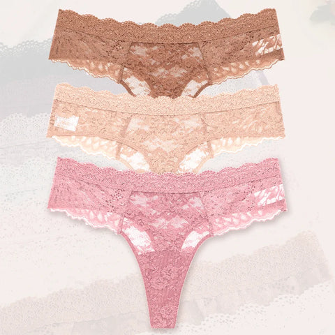 3Pcs Lace Sexy Thongs Women Trendy Floral Panty Lingerie