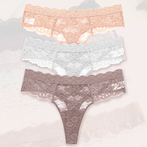 3Pcs Lace Sexy Thongs Women Trendy Floral Panty Lingerie