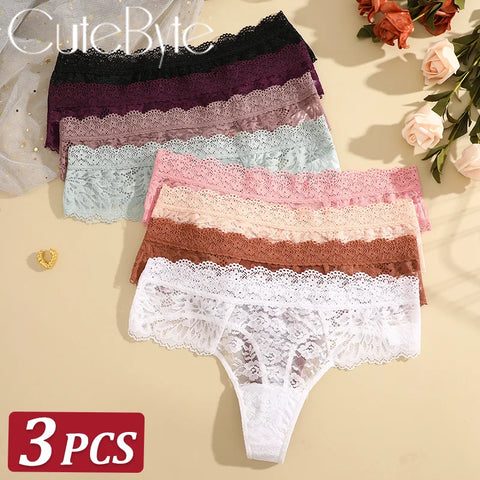 3Pcs Lace Sexy Thongs Women Trendy Floral Panty Lingerie
