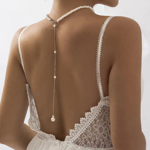 Vintage Elegant Simulated Pearls Clavicle Choker Necklace Women Long Chain Tassel Pendant Wedding Jewelry Bikini Chest Chain