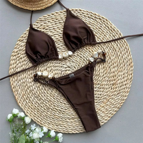 Solid Green Swimwears Sexy Halter