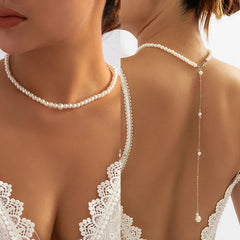 Vintage Elegant Simulated Pearls Clavicle Choker Necklace Women Long Chain Tassel Pendant Wedding Jewelry Bikini Chest Chain